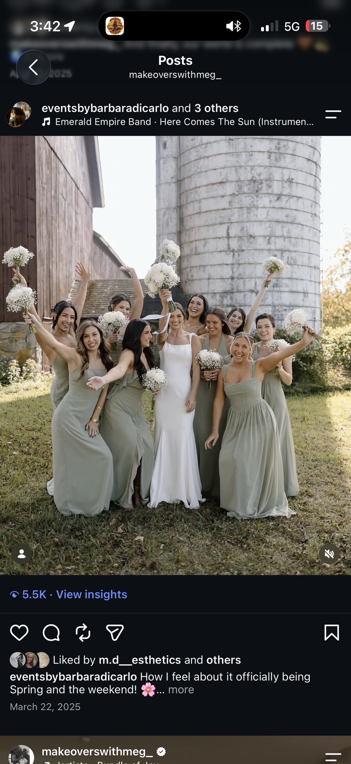 Bride and wedding party in sage dresses celebrating with white bouquets