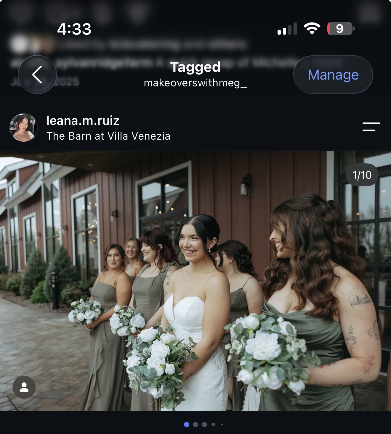 Bride and bridesmaids holding white and green bouquets outside a barn